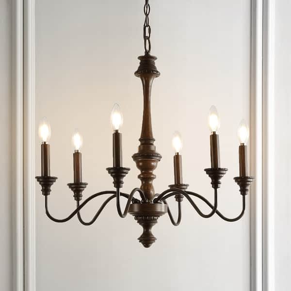 slide 2 of 11, Sofia 25" 6-Light Midcentury Farmhouse Iron LED Chandelier, Wood Finished/Oil Rubbed Bronze by JONATHAN Y Light Brown/Oil Rubbed Bronze