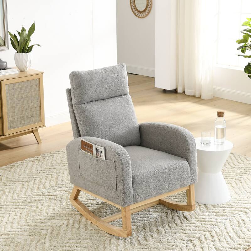 GDFStudio - Emilia Modern Fabric Upholstered Rocking Chair with Ergonomic Design and Side Pockets - 27.6 "W - Grey Teddy