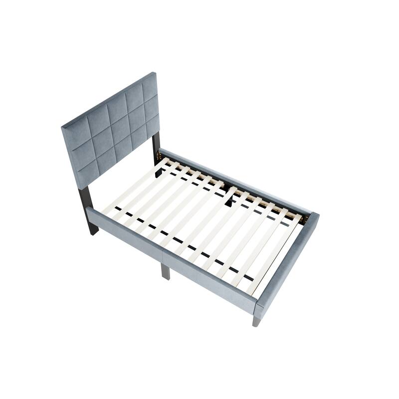 Adjustable Headboard Twin Bed with Brushed Linen Fabric and Biscuit Tufting Design