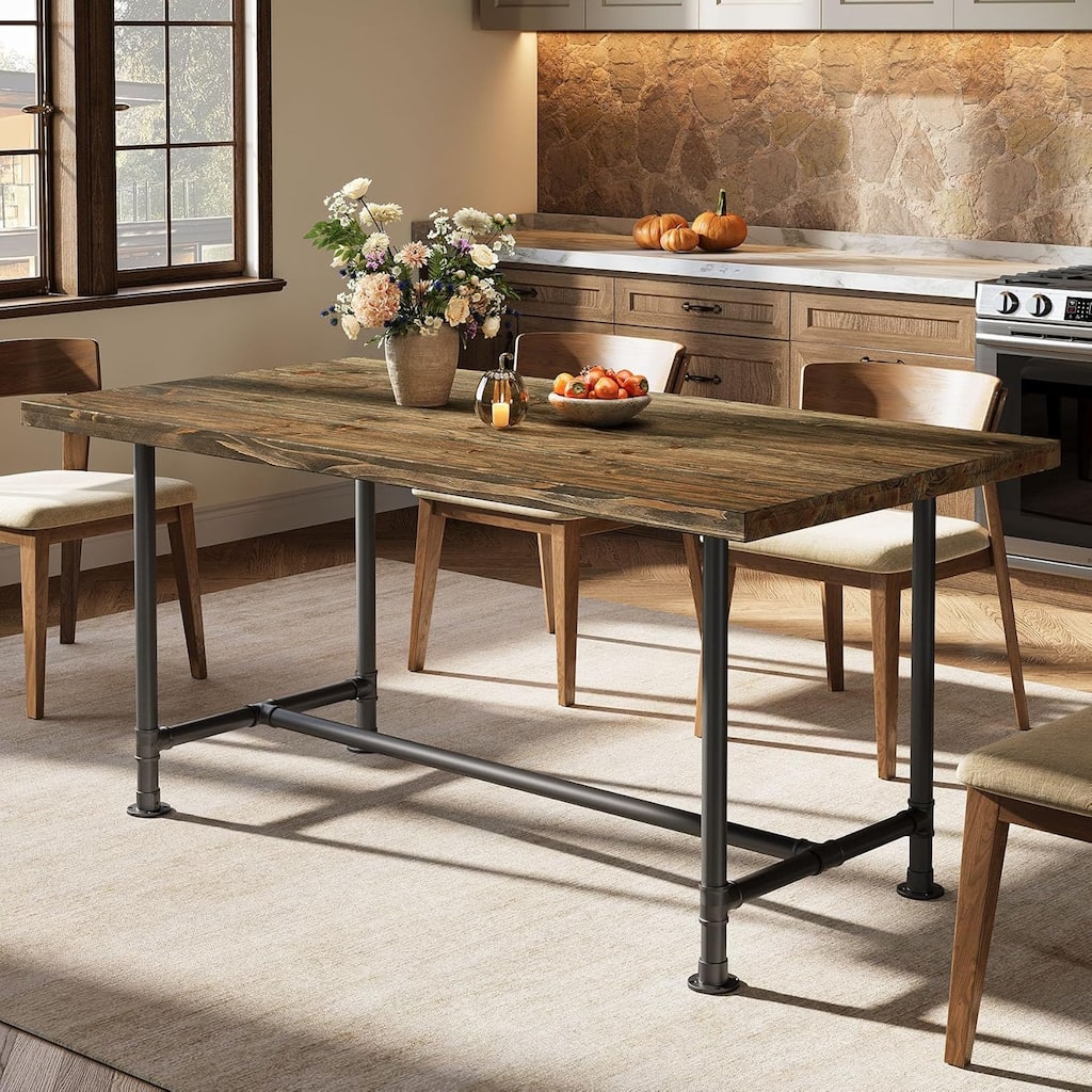 63" Solid Wood Rectangular Dining Table, Industrial Kitchen Table with Metal Footrest and Heavy-Duty Metal Frame for 4-6 Persons