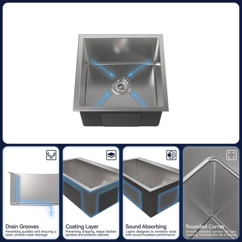 Stainless Steel Undermount Kitchen Sink Dark Gray Brushed Rectangular 18x18x10 with Grid Drain - 18" x 18" x 10"