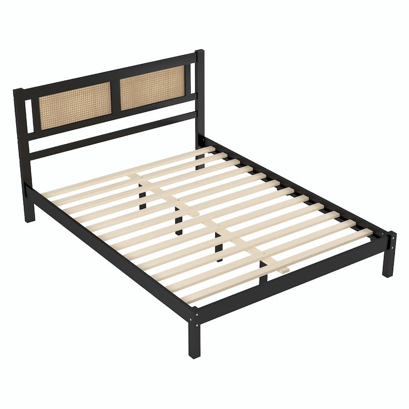 Wood Platform Bed with Natural Rattan Headboard, Elegant Minimalist Design