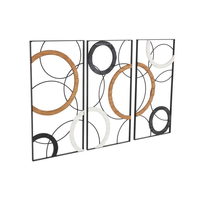 Black Metal Overlapping Circles Abstract Home Wall Decor with Brown and White Wooden Accents (Set of 3)