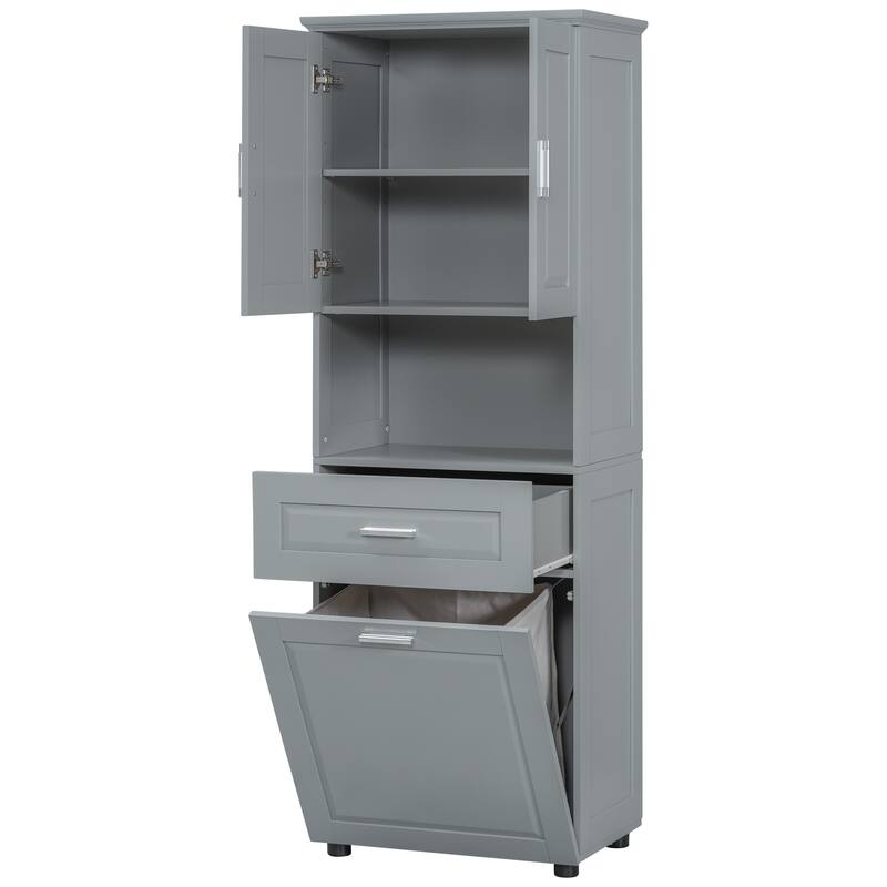 Tall Bathroom Linen Tower with Cabinet, Drawer and Hamper