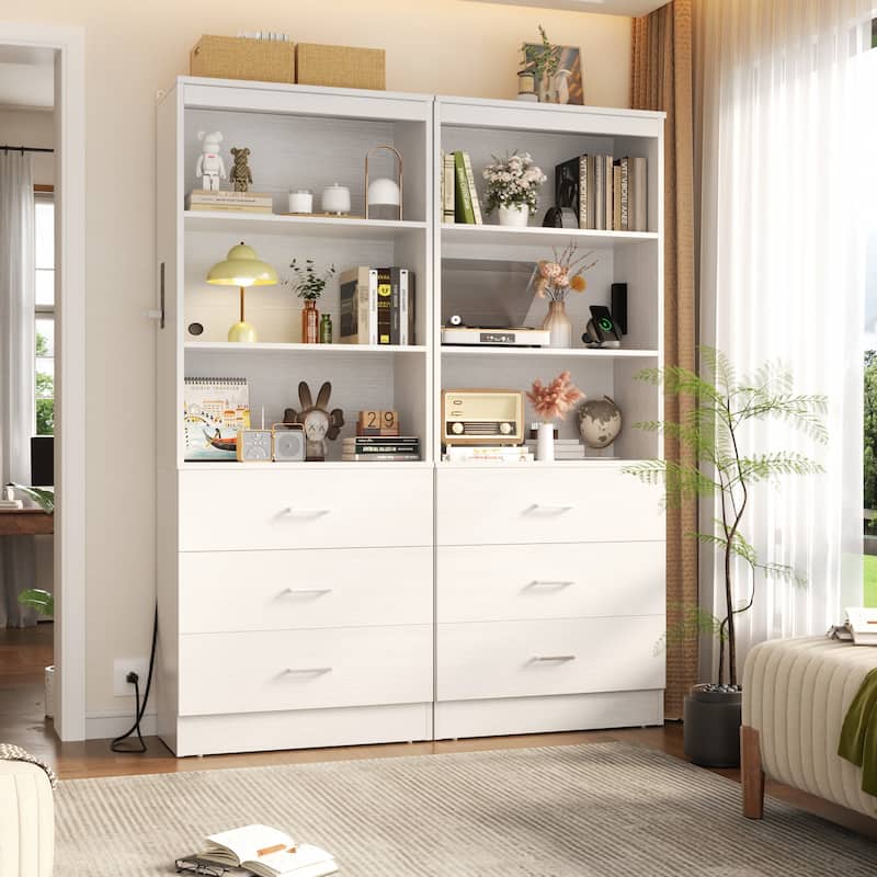 6-Tier 23.6'' Display Cabinet with Charging Station and Drawers, Bookcase Storage Shelf Kitchen Pantry