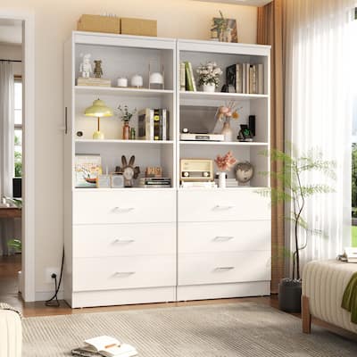 6-Tier 23.6'' Display Cabinet with Charging Station and Drawers, Bookcase Storage Shelf Kitchen Pantry