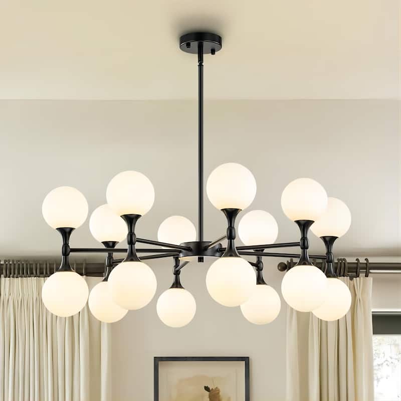 16-Light Modern Glam Linear Sputnik 2-Tiered Frosted Opal Glass Globe Bubble Chandelier for Living/Dining Room - Black
