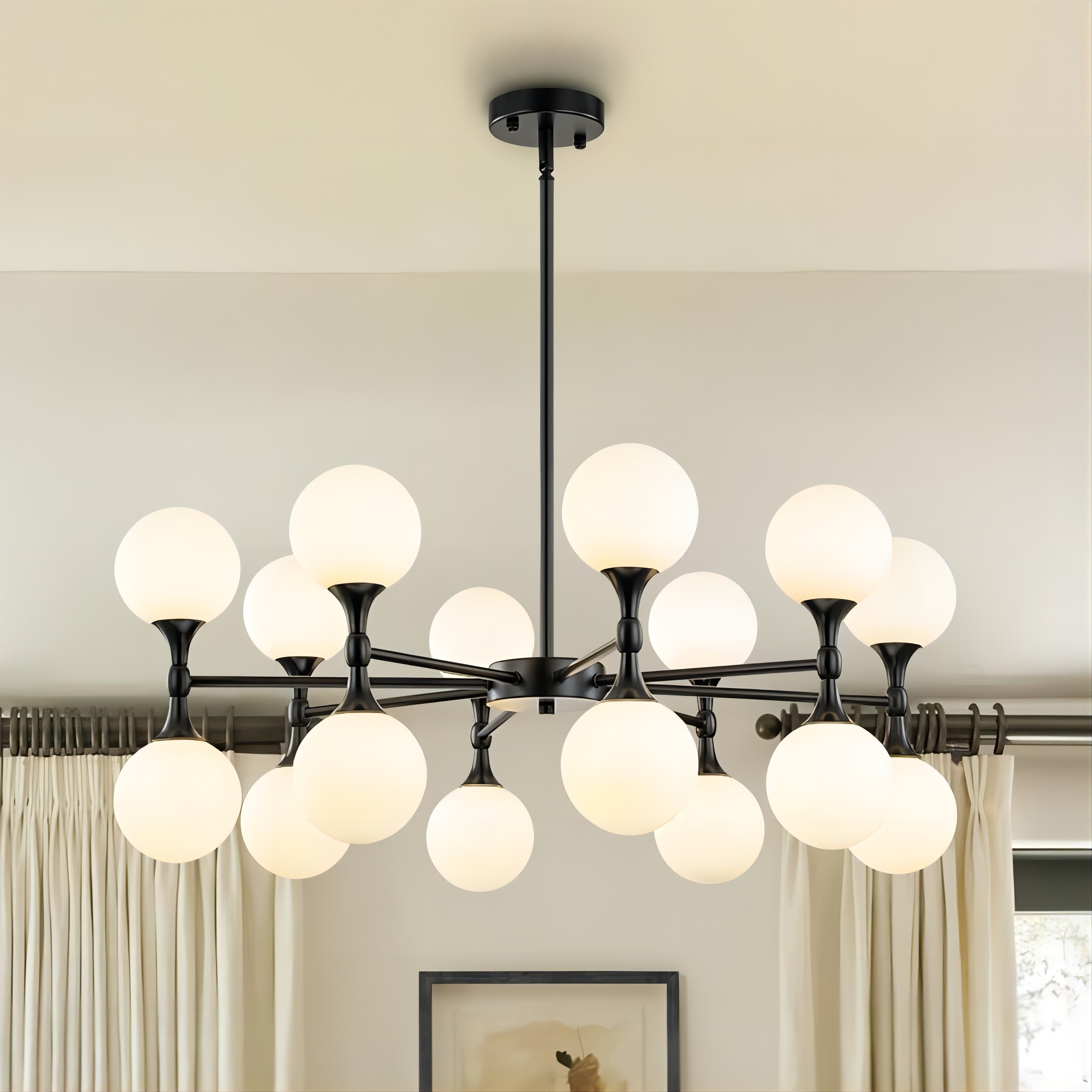 Rennnsan 16-Light Modern Glam Linear Sputnik 2-Tiered Frosted Opal Glass Globe Bubble Chandelier for Living/Dining Room