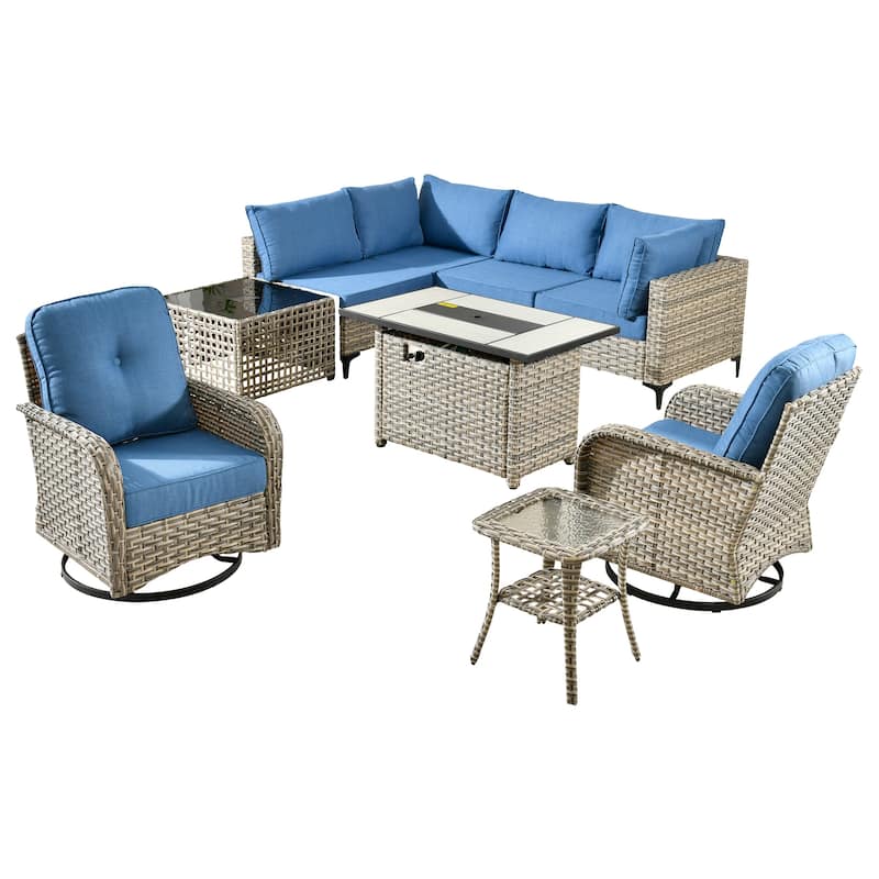 OVIOS 9 Pieces Outdoor Wicker Swivel Chair Set With Fire Table