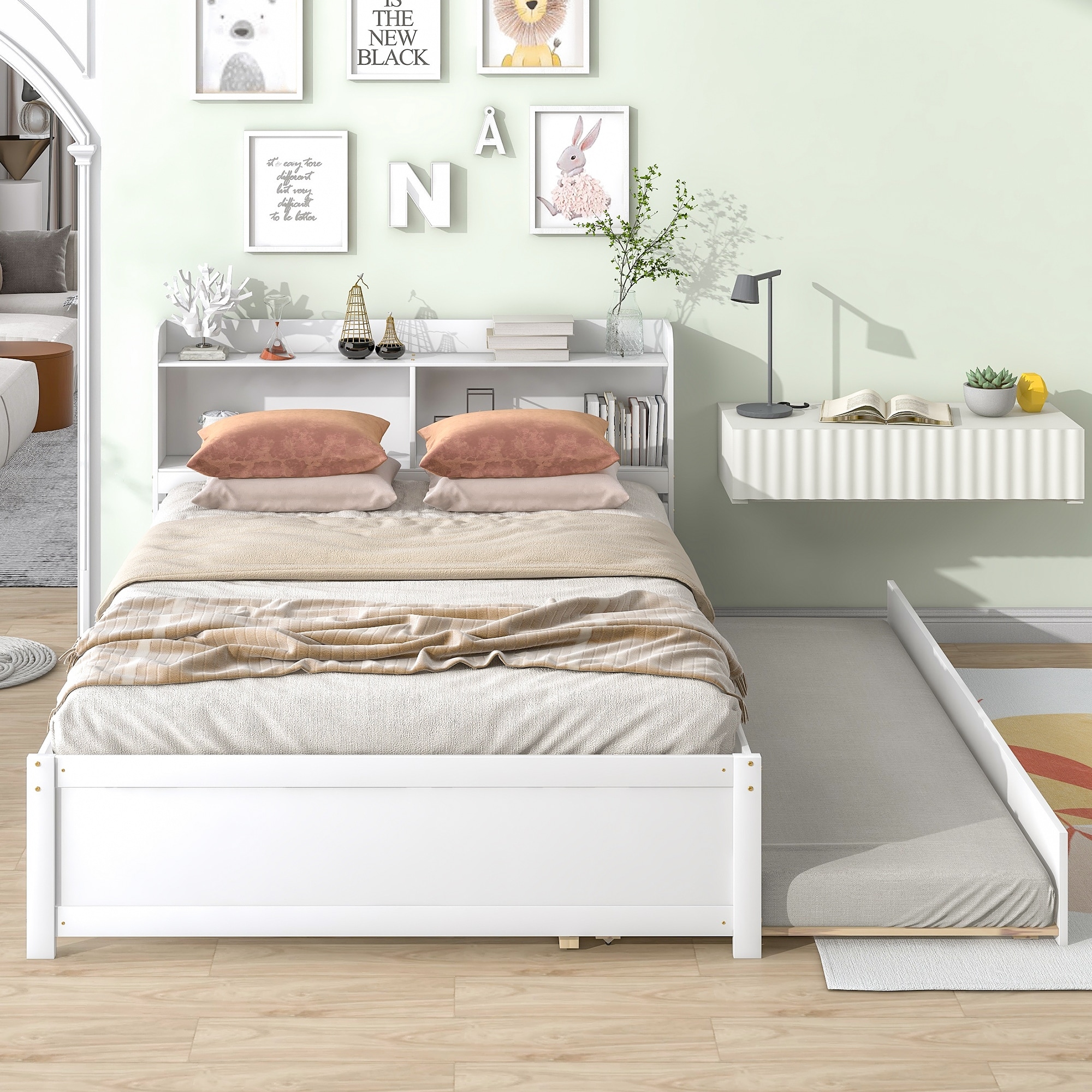 Full Size Bed with Trundle and Bookcase Headboard, Storage Design