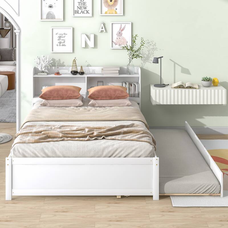 Twin/Full Bed with Trundle and Bookcase Headboard, Wood Storage Bed Frame with Shelves, No Box Spring