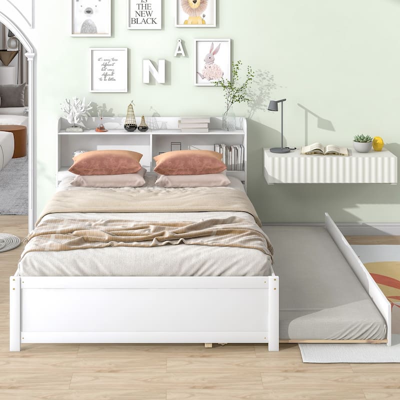 White Full Size Solid Wood Platform Bed with Bookcase Headboard, Trundle, and Storage