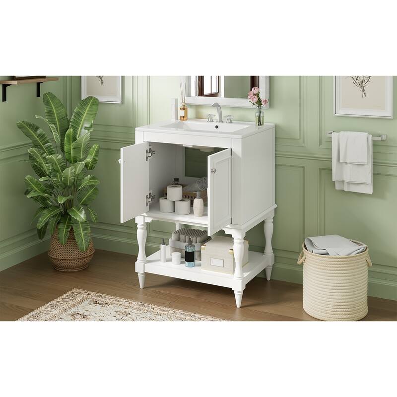 24 inch Modern Luxury Bathroom Vanity with Ceramic Sink, Bathroom Cabinet with Open Shelf and Closed Storage