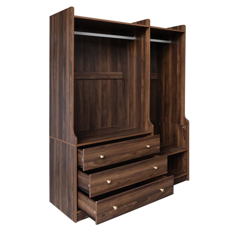 Open Style Wardrobe Closet with 3 Large Storage Drawers and Hanging Rods, Modern Armoire Clothing Organizer with Storage Shelves