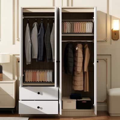 4-door Wardrobe Closet with Hanging Rods, Drawers & Shelf, Hanging Armoire Storage Cabinet for Bedroom Cloakroom, White+Natural
