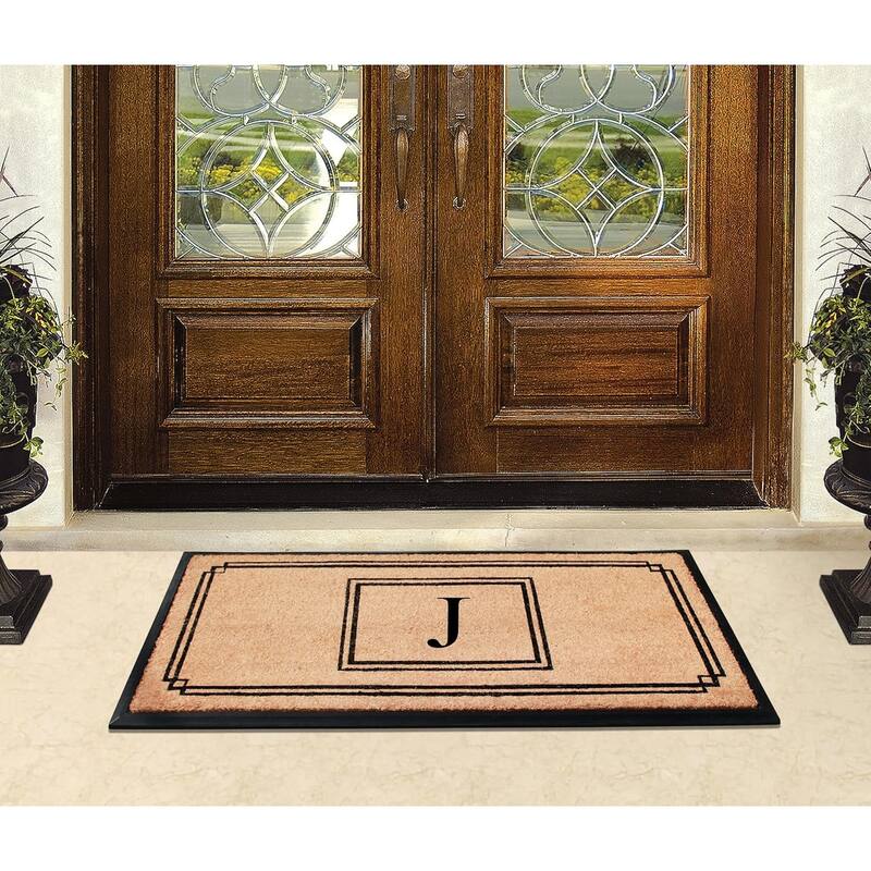 A1HC Natural Coir and Rubber Monogrammed Front Porch Entry Doormat 24"X48" Black/Beige