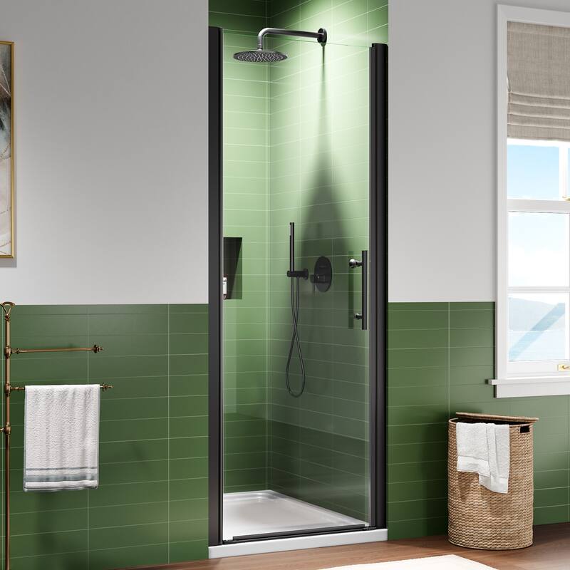 Matte Black Hinged Shower Door 30x75, 6mm Tempered Glass, Headerless, 1.5 in Adjustable, Left/Right In/Out