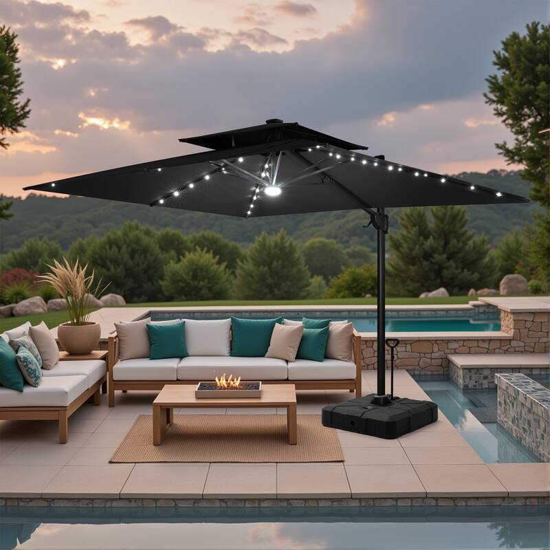 9 FT x 11 FT Outdoor LED Lighted Double Top Patio Cantilever Umbrella with Base