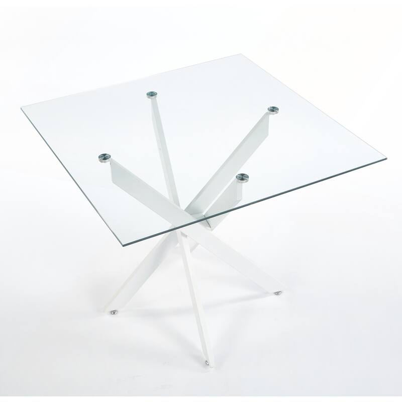 Modern Square Tempered Glass Dining Table with Stable Cross Metal Leg