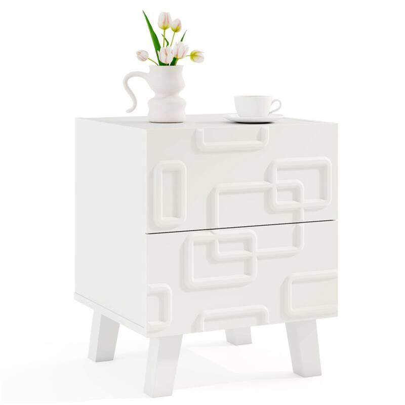 White Engineered Wood Nightstand with 2 Drawers and 3D Geometric Design