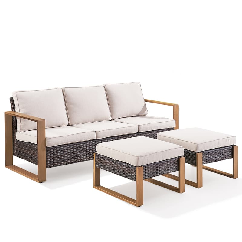 Gymojoy Patio PE Wicker 3-Seat Sofa with Ottomans - Brown