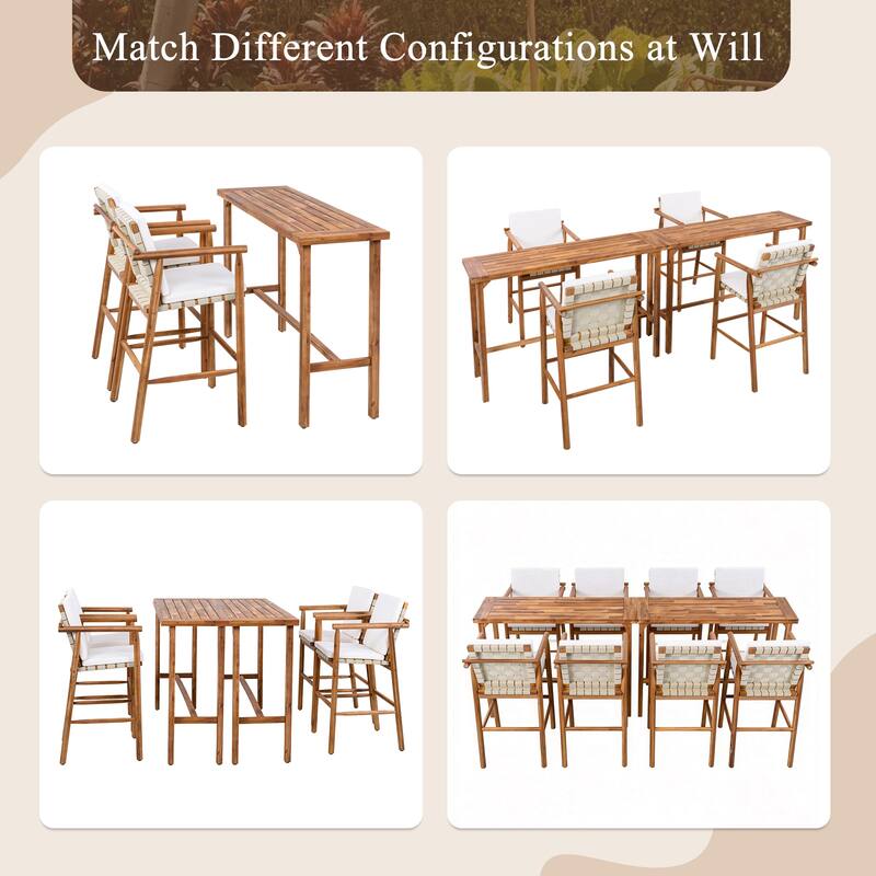 3 Pieces Patio Acacia Wood Bar Height Table and 2 Stools with Cushions