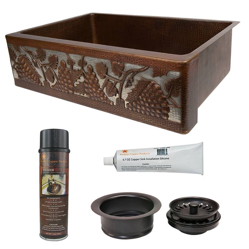 33-in Hammered Copper Kitchen Apron Single Basin Sink w/ Vineyard Design with Accessories (KSP3_KASDB33229G-NB)