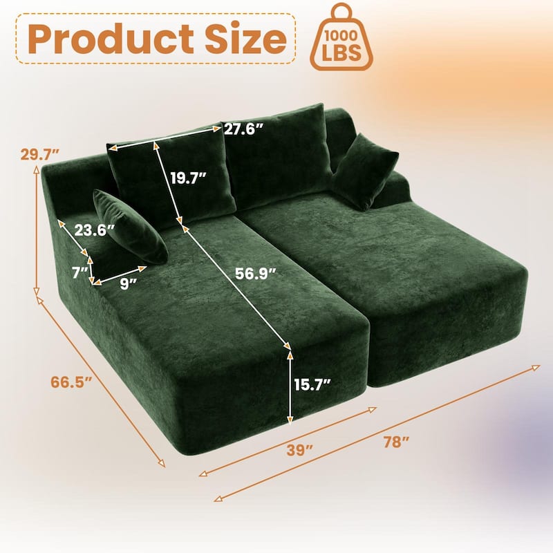 Velvet Dual Chaise Sofa Bed, Sleeper Sofa with Thicked Cushions and Throw Pillows, Deep Seat Lounge Loveseat Sofa