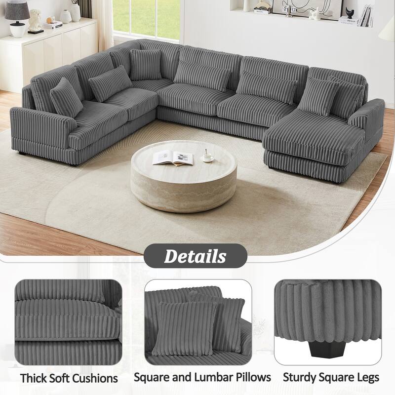 Roomfitters 129-Inch Oversized U-Shaped Sectional Sofa, Modern Corduroy Upholstered Couch with Chaise Lounge, Dark Grey