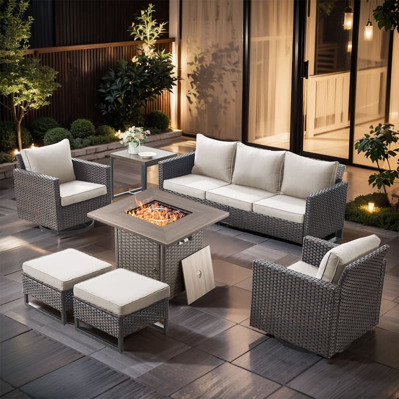 7 Pieces Fire Pit Table with Sofa Swivel Chair Ottoman Set - Brown Wicker - Beige cushion