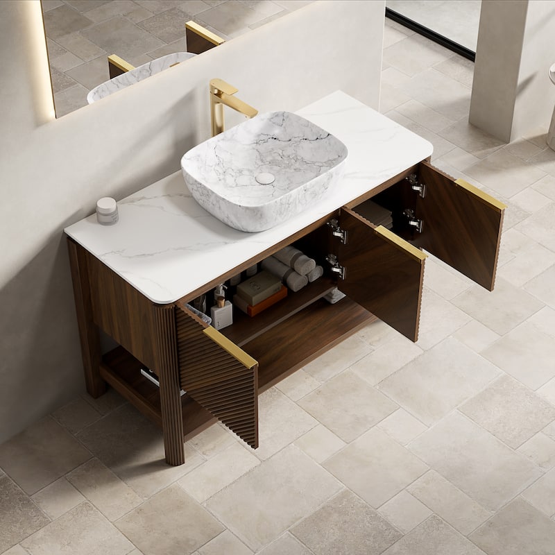 Freestanding Bathroom Vanity in Dark Walnut with Vessel Ceramic Basin