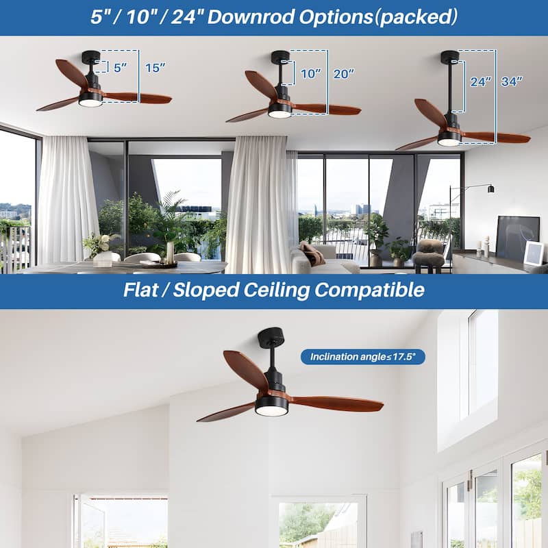 52 inch Wood Ceiling Fan with Light and Remote, Dimmable LED and Reversible DC Motor