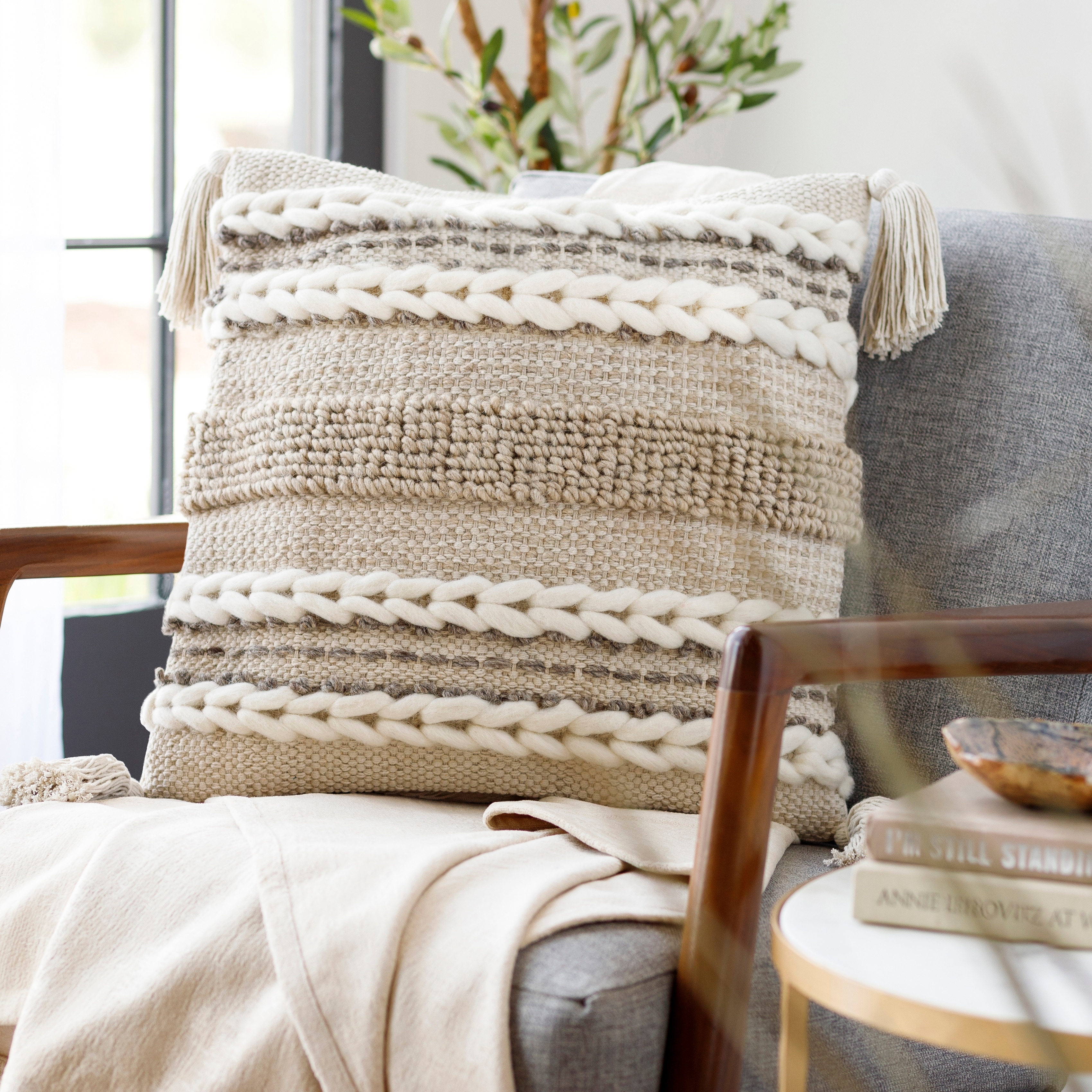 Goa Taupe Bohemian Tassel Wool Throw Pillow Cover (20" x 20")