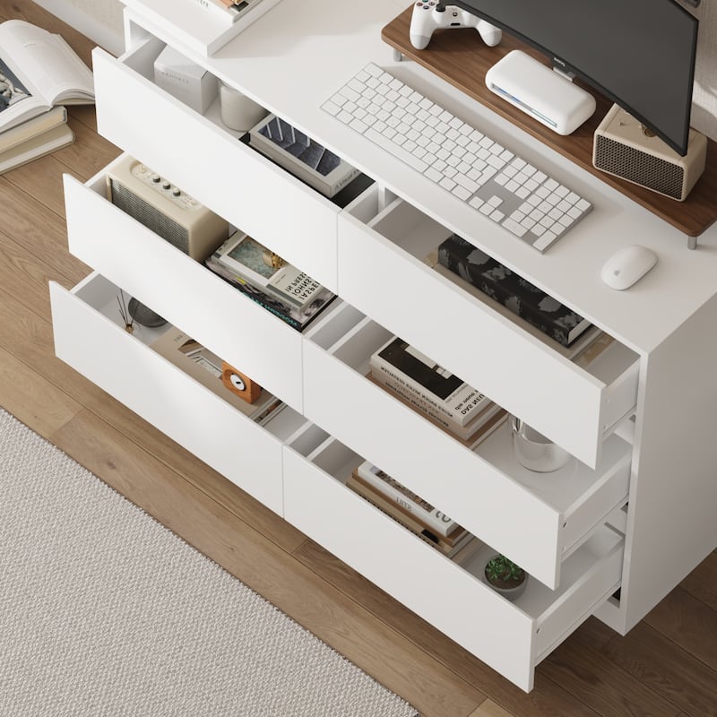 L-Shaped Desk with 6 Drawer Dresser, Extendable Adjustable Vanity Writing Table, Handleless Storage Cabinet