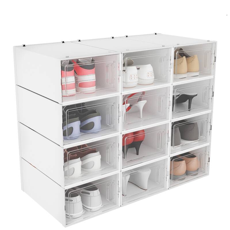 6/12/18 Pack Shoe Storage Box Plastic Stackable Shoe Organizer for Closet Foldable Sneaker Containers Bins Holders Racks