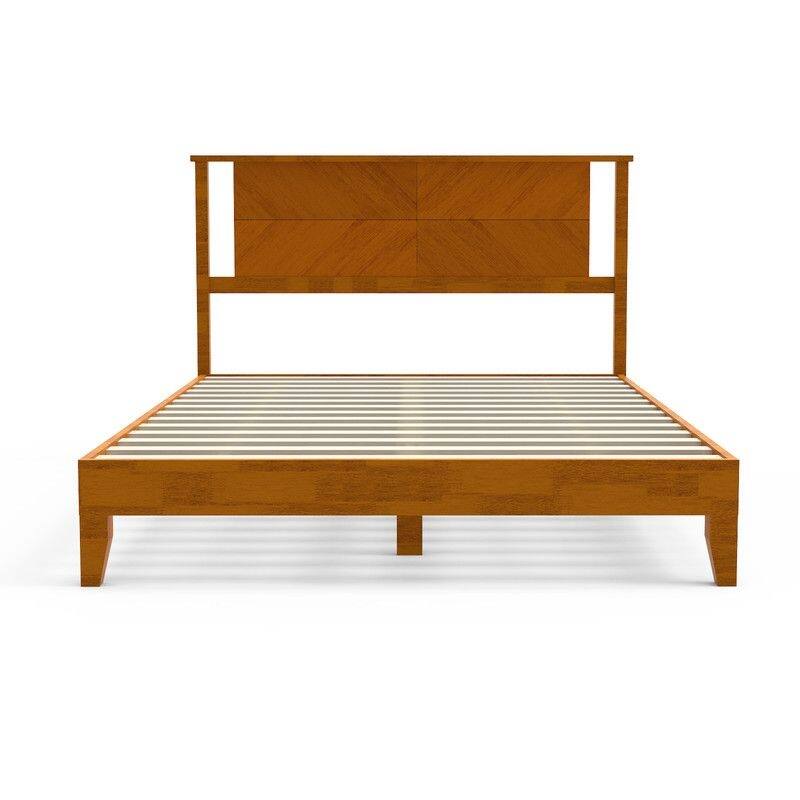 Twin Size Deluxe Bed Frame with Headboard with Solid Wood, No Box Spring Needed, Easy Assembly, White - Full - Brown