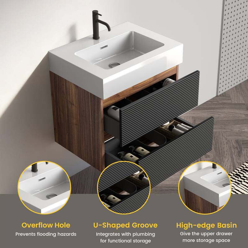 GDFStudio - Grace Floating Bathroom Vanity with Solid Surface Sink and Soft-Close Storage