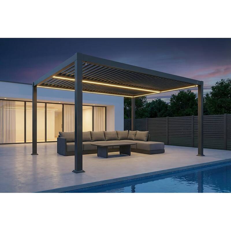 PURPLE LEAF Solar Louvered Pergola with LED String Lights Aluminum Outdoor Pergola with Adjustable Roof for Patio Garden - 11' x 15' - Grey