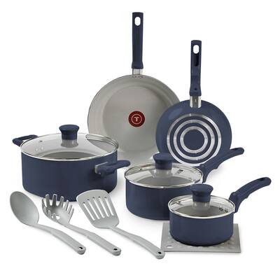 T-fal Essentials Ceramic Non-Stick, 12 Piece Pots and Pans Cookware Set, Midnight Blue