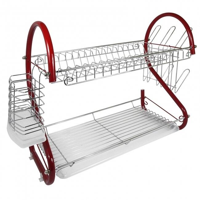 Stainless Steel Chrome-Plated 2-Tier Space-Saving Dish Rack in Red