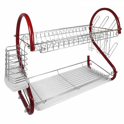 Stainless Steel Chrome-Plated 2-Tier Space-Saving Dish Rack in Red