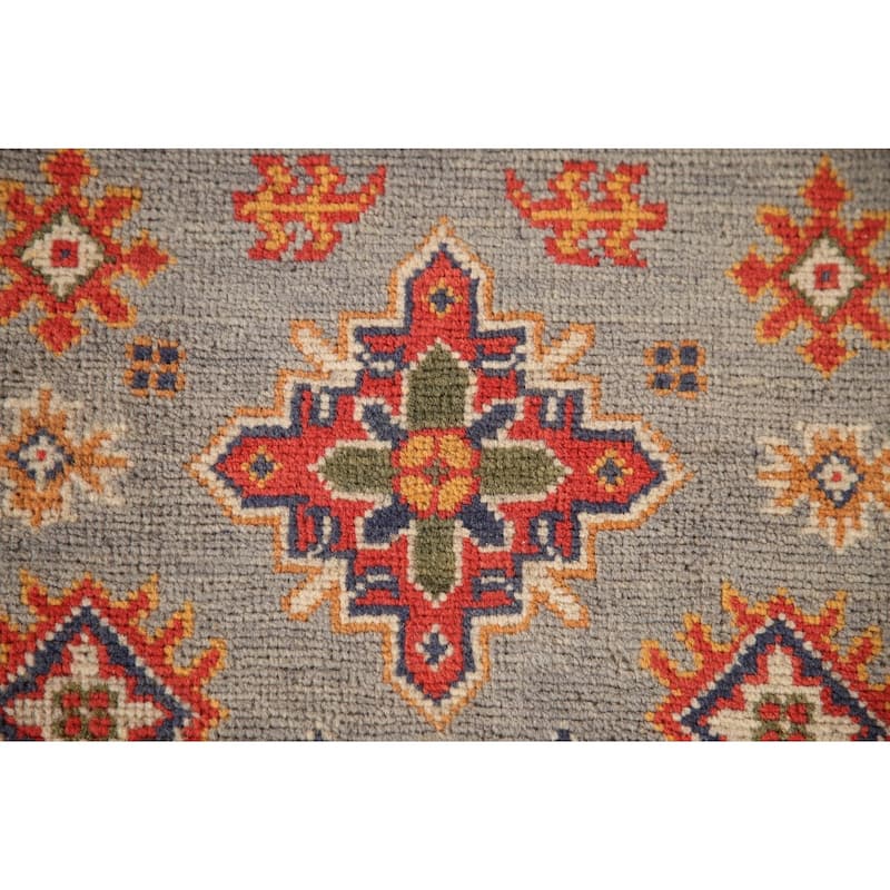 Geometric Kazak Accent Rug Hand-Knotted Grey Wool Carpet - 2'8"x 4'2"