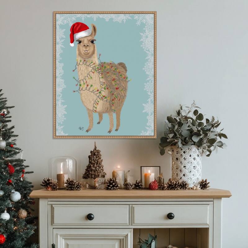 Llama Christmas Lights 2 by Fab Funky (23 x 28 in.), Framed Canvas Wall Art Print - Sylvie Beaded Rustic Natural