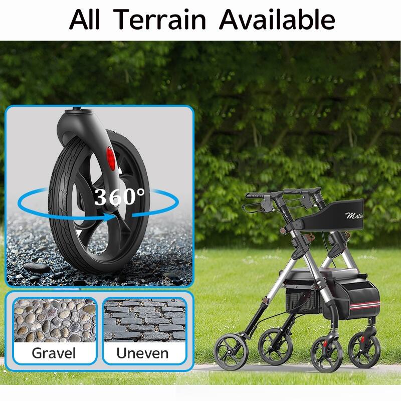 Matinal Foldable Rollator Walkers with Seat for Seniors, 350 lb Capacity, 8'' Big Wheels, 6-Position Height