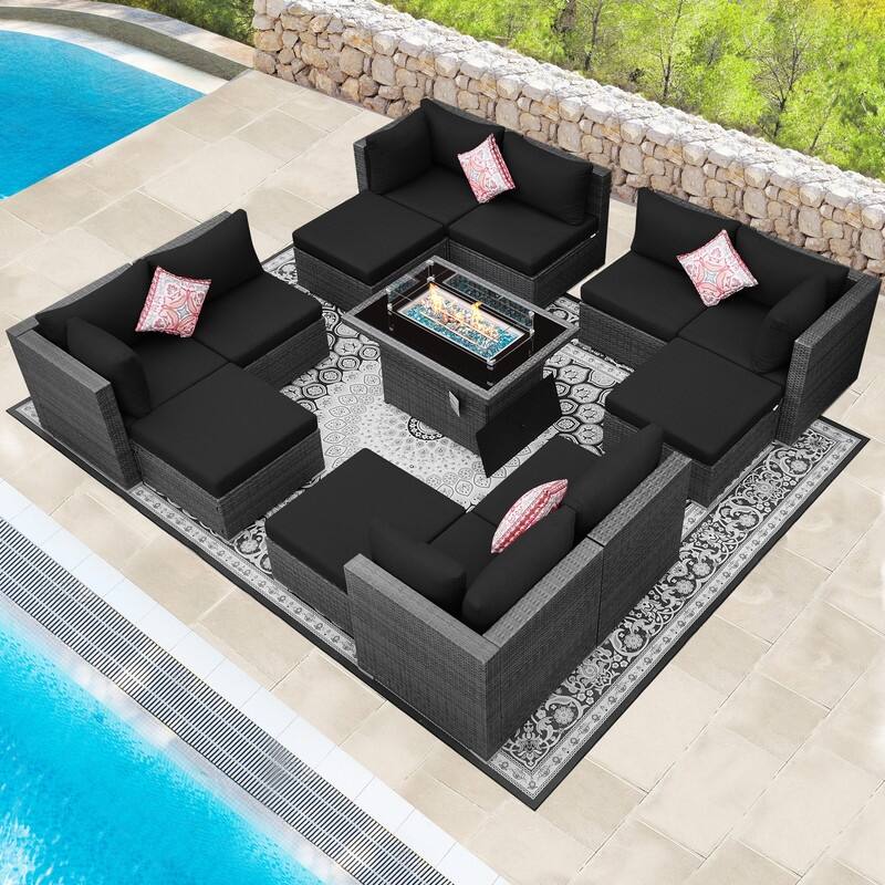 FINCATI Outdoor Grey Wicker Sectional Furniture Patio Sofa Set with Firepit Table - 13 Pcs - Black