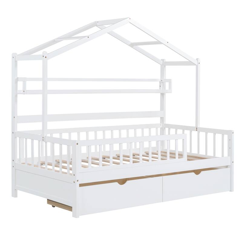 Pine House Bed with Drawers, Shelf & Guardrail