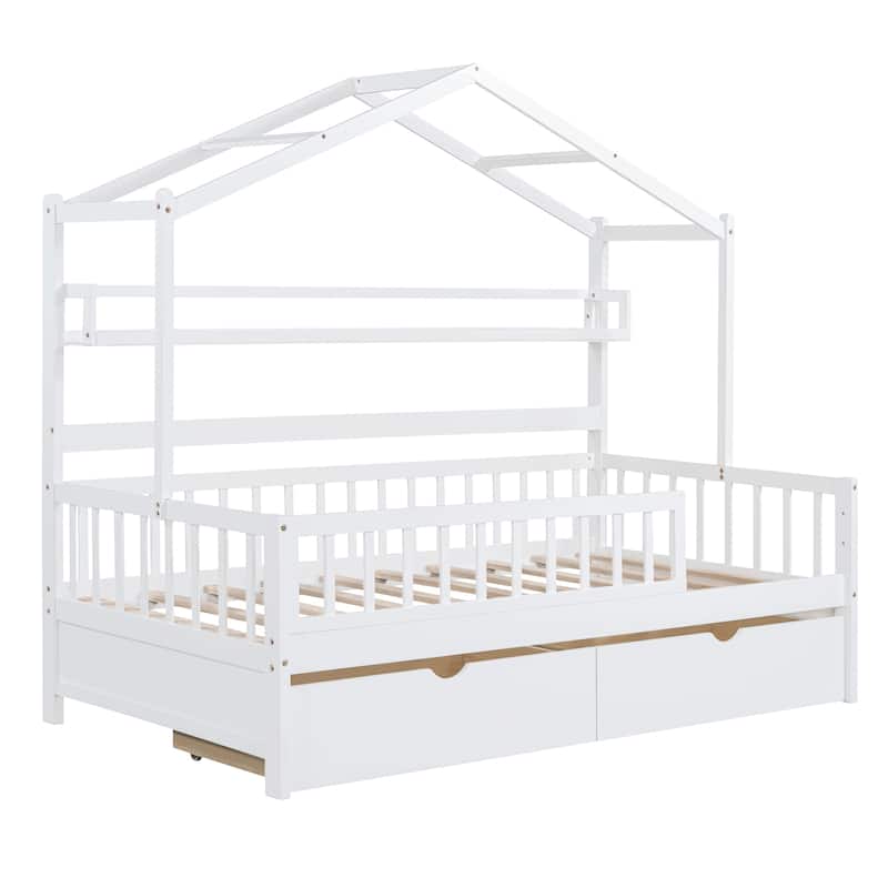 Wood House Bed with 2 Drawers, Kids Bed with Storage Shelf