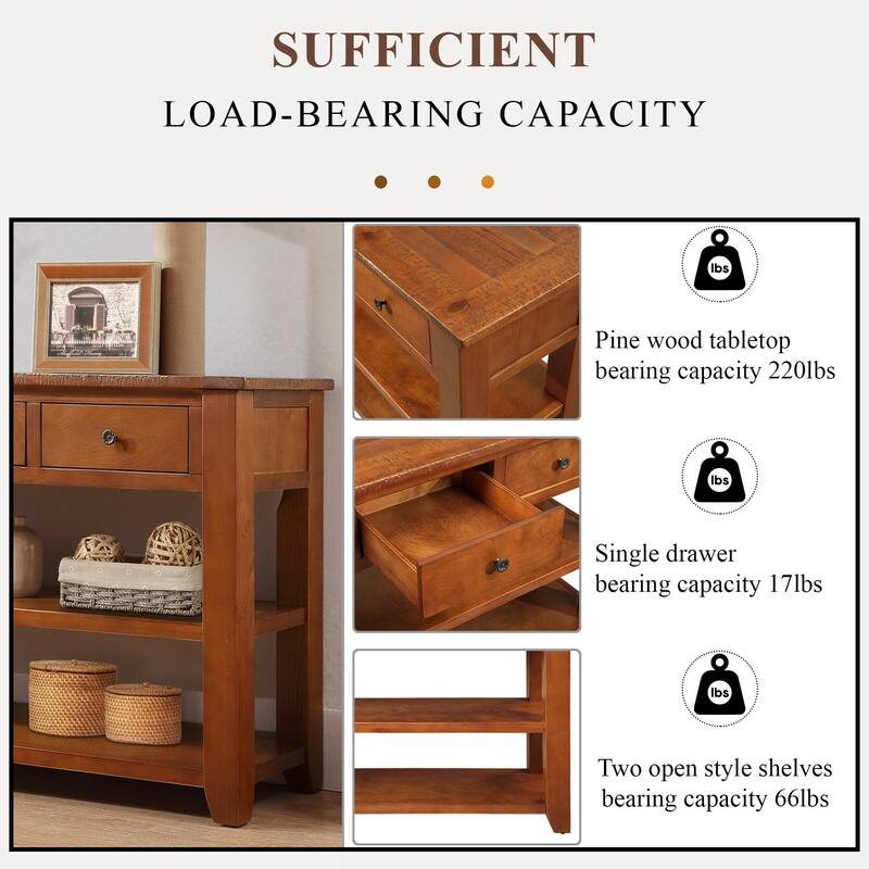48'' Solid Pine Wood Top Console Table, Modern Entryway Sofa Side Table with 3 Storage