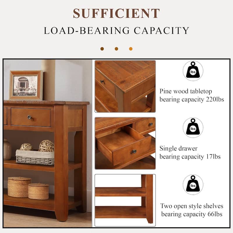 48 Inch Solid Pine Wood Console Table with 3 Drawers & 2 Shelves, Vintage Entryway Sofa Table for Hallway & Living Room