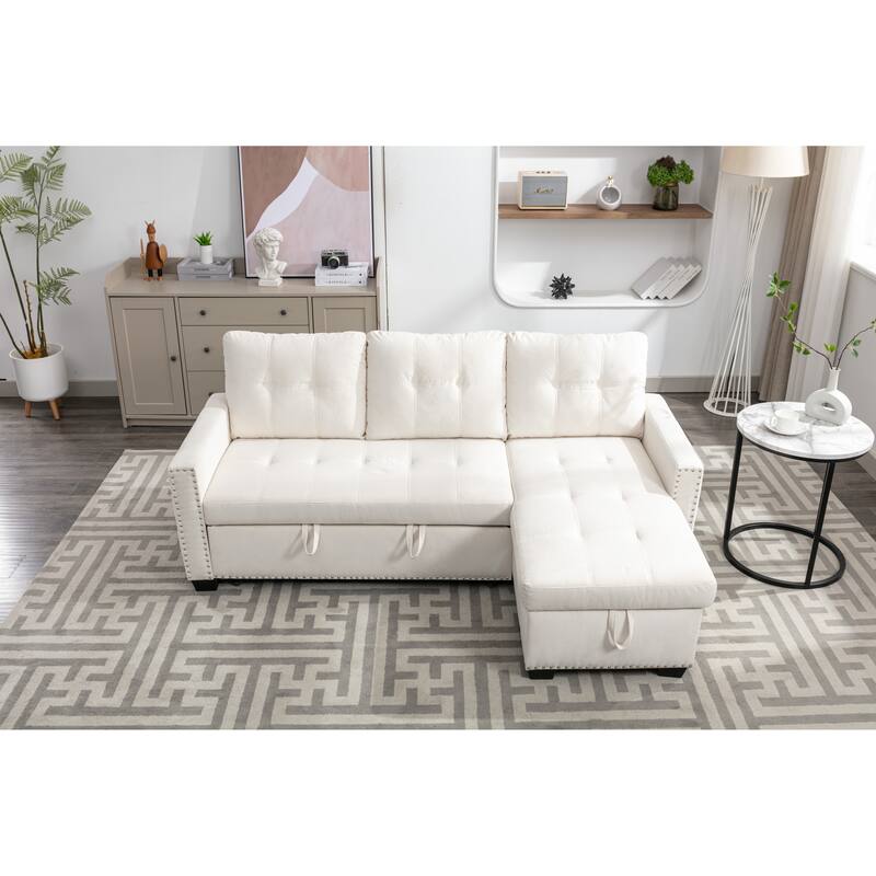77 Inch Reversible Sectional Sleeper Sofa, 2 Seats with Storage Chaise, Beige Velvet